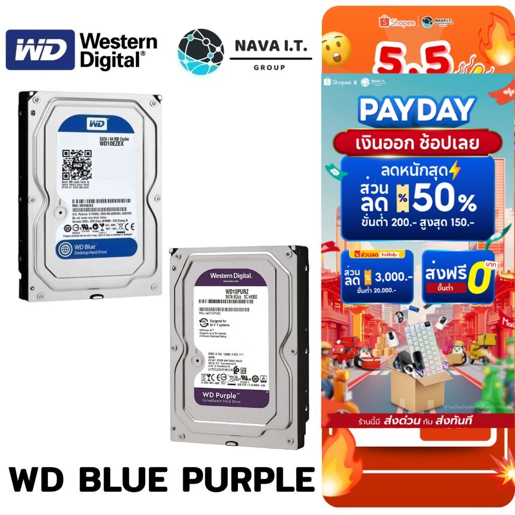 🛵มีส่งด่วน💨 WD HDD ฮาร์ดดิสก์ WD BLUE สำหรับ PC WD PURPLE สำหรับกล้องวงจรปิด สูงสุด 7200RPM