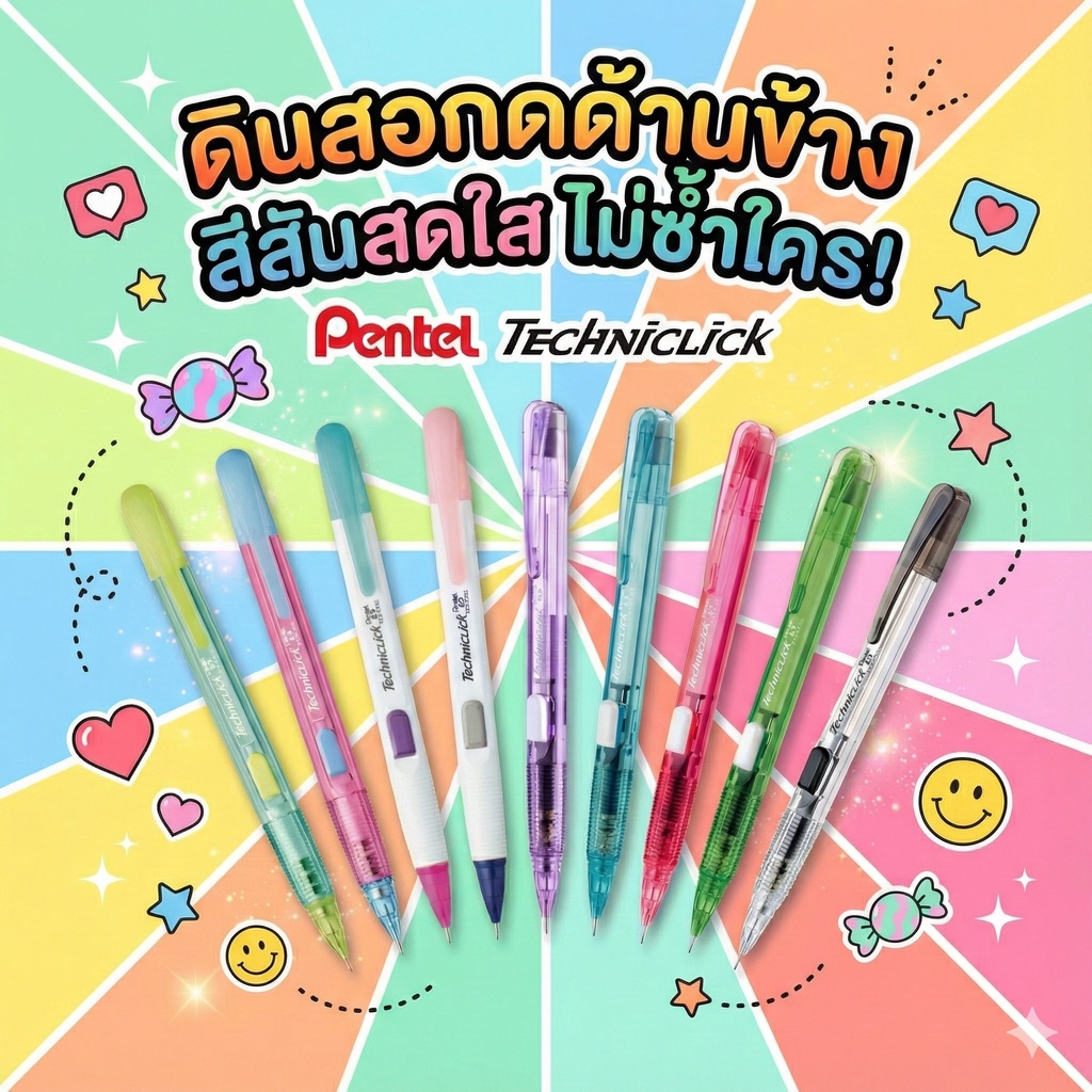 ดินสอกด Pentel Techniclick ด้ามกดด้านข้าง ด้ามจับแบบ Grip Zone ไส้ดินสอขนาด 0.5 มม. มียางลบที่ด้าม