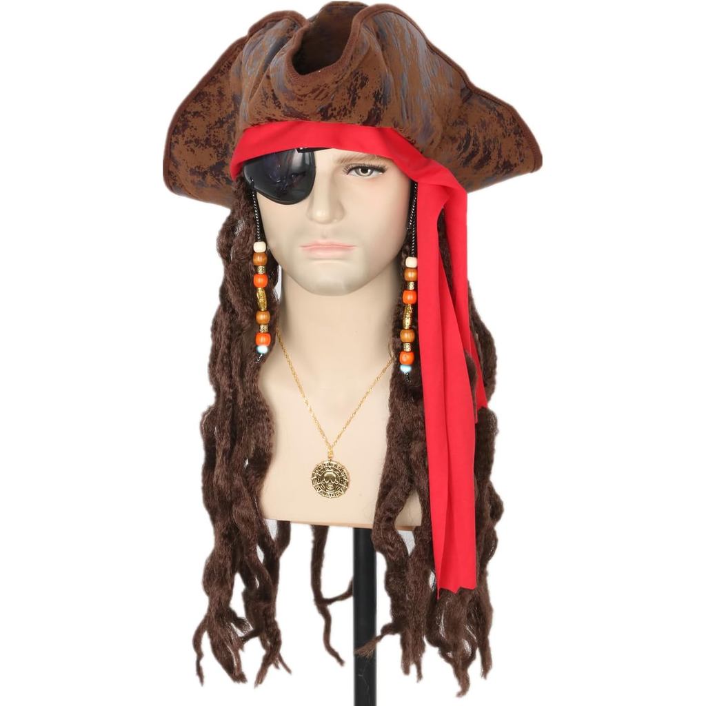Topcosplay Pirate Wig Hat with Braids Eye Patch Earring Pirate Costume Cosplay Accessories