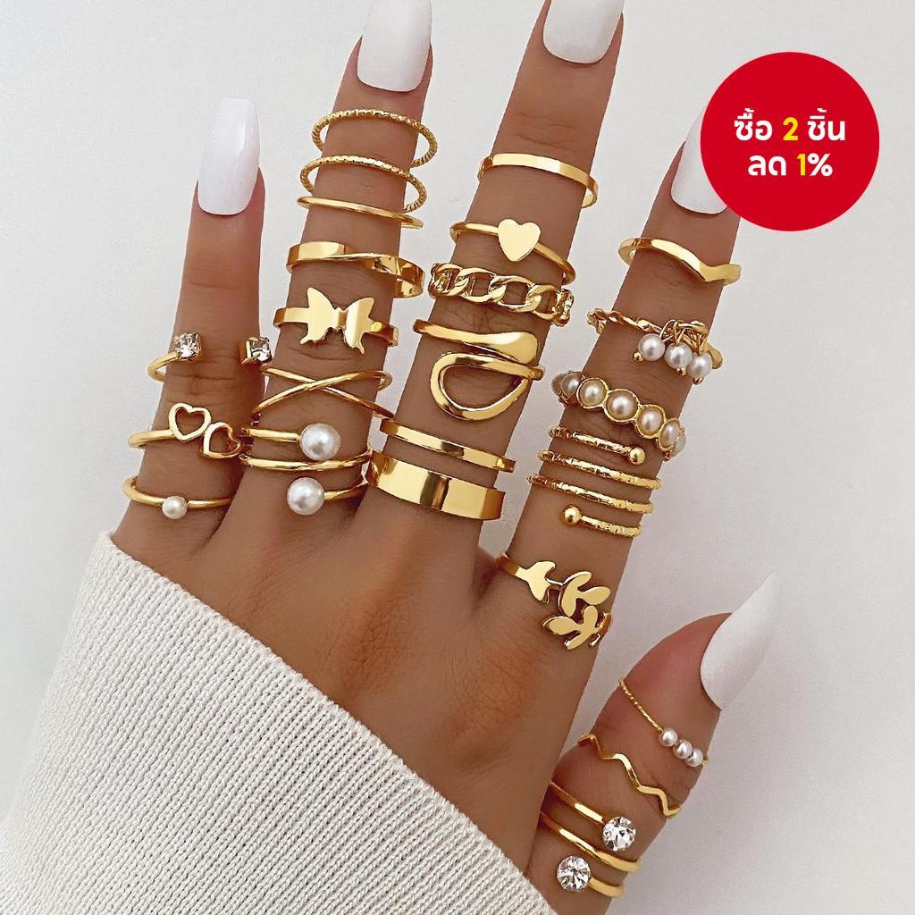 ชุดแหวน 22 ชิ้น ประดับมุก พู่บิด หัวใจกลวง ผีเสื้อ ใบไม้ สีทอง สําหรับผู้หญิง
