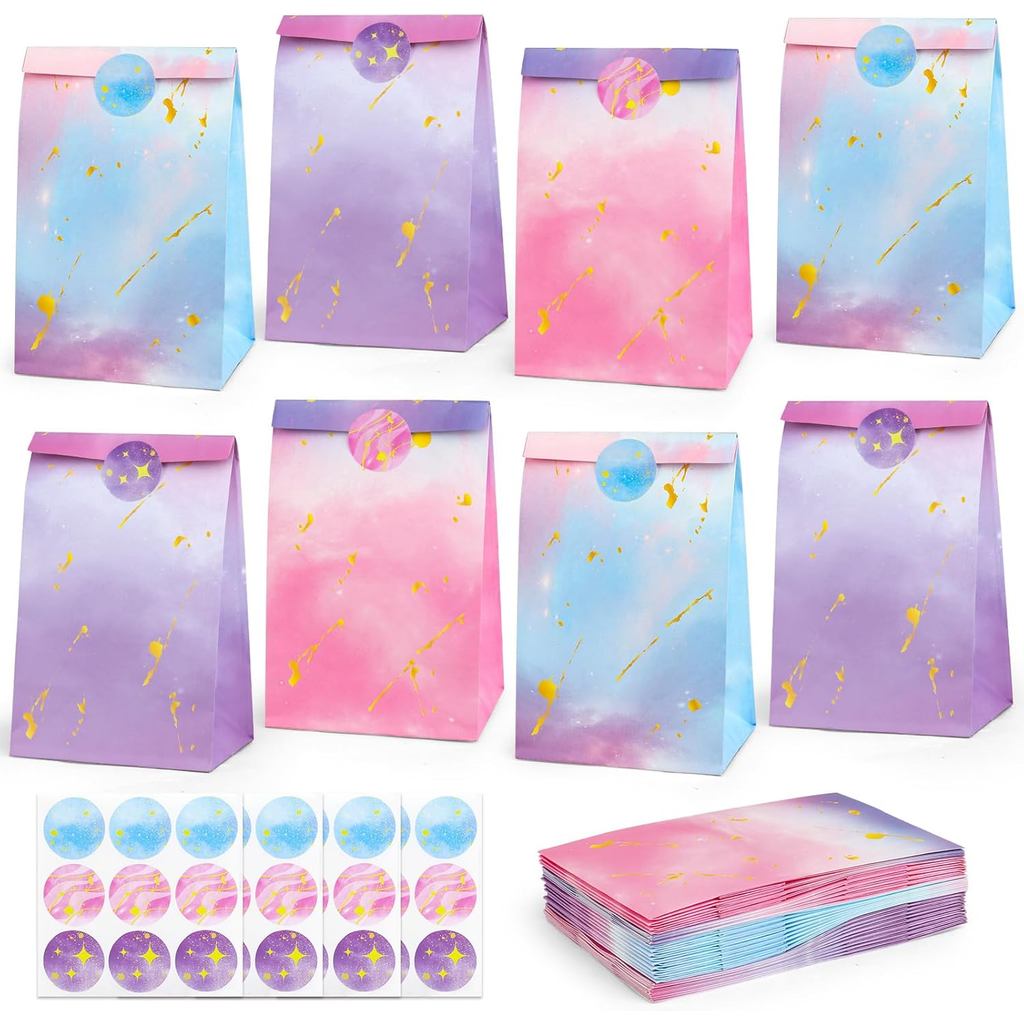 HEJIN 30PCS Tie Dye Party Bags with Stickers, Pink and Purple Small Gift Bags, Mermaid Unicorn Birth