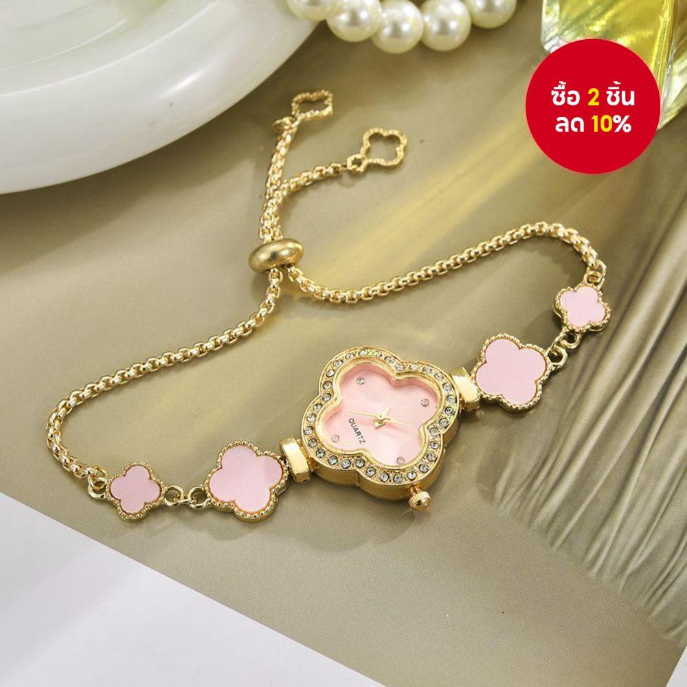 นาฬิกานักเรียนแฟชั่นใหม่ - โคลเวอร์สี่ใบ, ประดับด้วยเพชร, สายข้อมือง่ายต่อการดึงออก