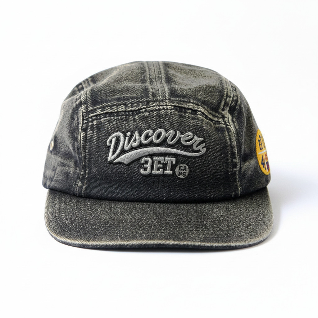 หมวก 5 แผง / Unisex 2025 ล่าสุด Denim Wash Motif หมวกเย็บปักถักร้อย Discovery 3ET Blackwash อินเทรนด