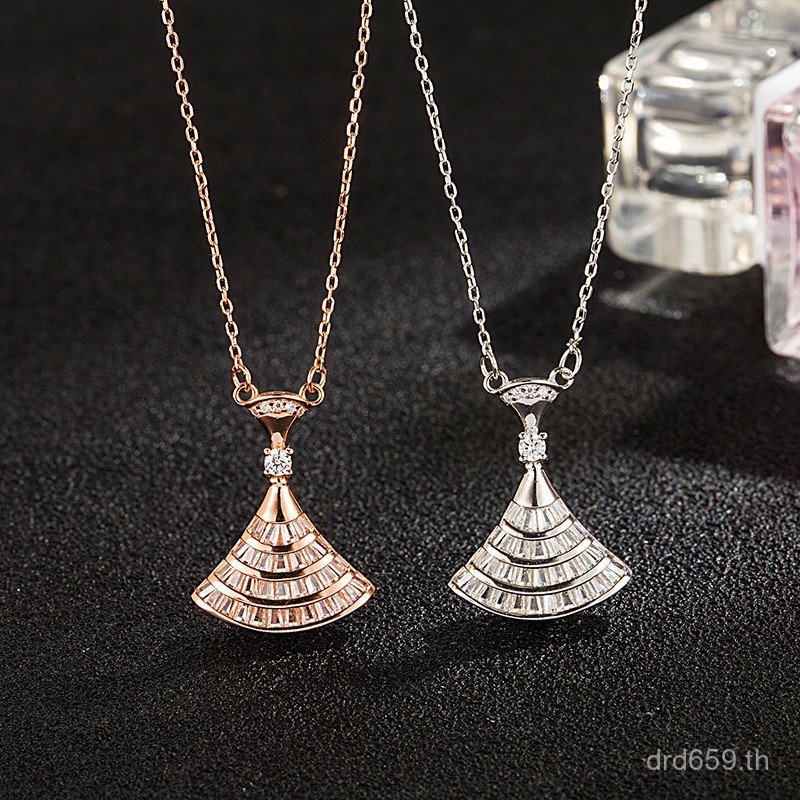 สร้อยคอมุกเส้นเงินสเตอร์ลิง S925 ประดับเพชรแท้ พัดลมลายกระโปรงเล็ก LY2H