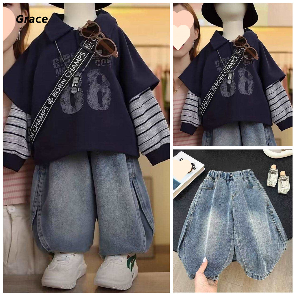 [Grace] ชุดฤดูใบไม้ร่วงสำหรับเด็กผู้ชาย เสื้อสเวตเตอร์และกางเกงยีนส์ สไตล์ใหม่และแฟชั่น GRL482