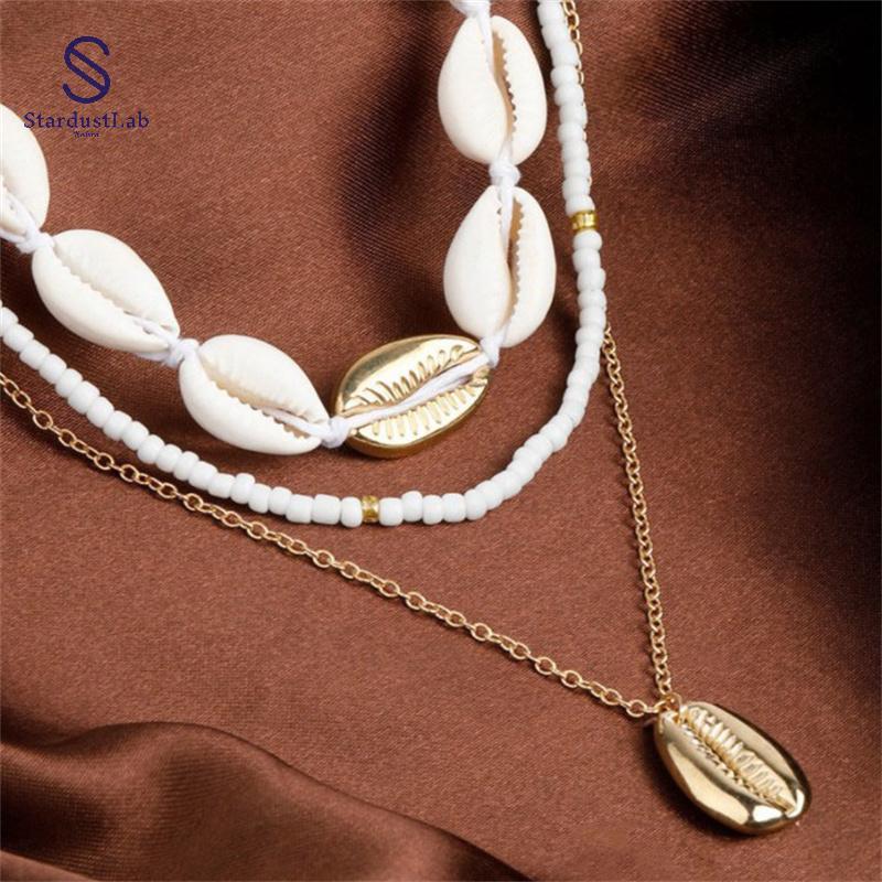 StardustLab 2 ชิ้น/เซ็ตฤดูร้อนเปลือกหอยธรรมชาติสร้อยคอChokerสําหรับผู้หญิงโบฮีเมียลูกปัดโซ่สร้อยคอเค