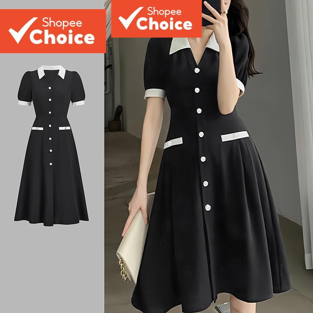 B134-JUN25-A-2-เดรสผู้หญิงคอปกสุภาพติดกระดุมสีตัดกัน-DRB134P1D173