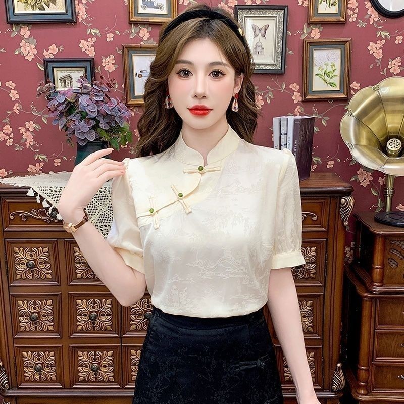 Jacquard ยืนเสื้อคอปกผู้หญิงใหม่ high-end n 提ดอกไม้立领 女新款高腰 中式盘扣连衣DST24