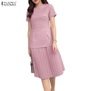 ZANZEA ชุดเดรสคอกลมแขนสั้นสไตล์เกาหลีสำหรับผู้หญิง