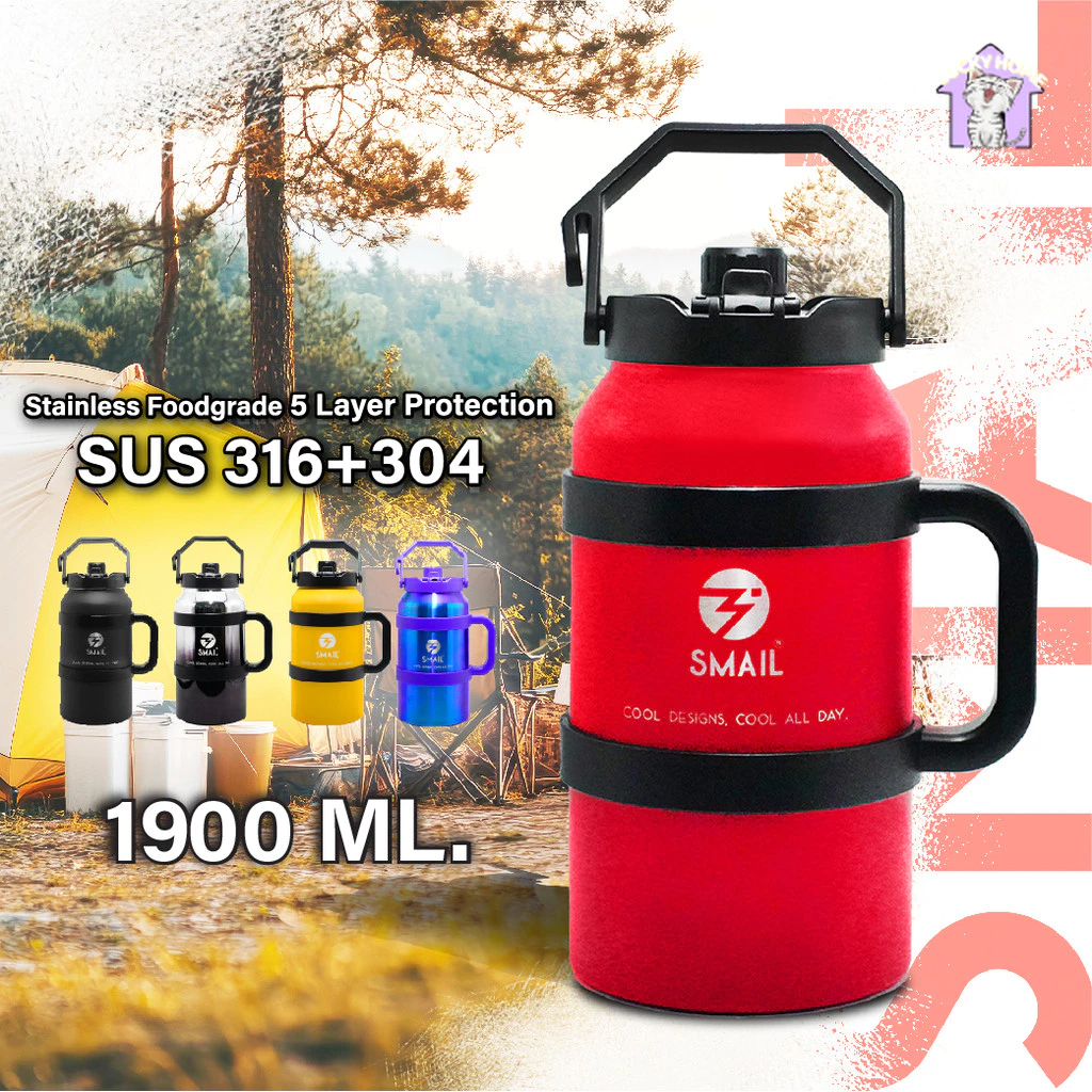 SMAIL แก้วเก็บความเย็น กระบอกน้ำสแตนเลส สูญญากาศ 1900ml ฝาเปิดง่าย พกพาง่าย มีหูจับเก็บความเย็น กระติกน้ำ ขวดน้ำฟู้ดเกรด