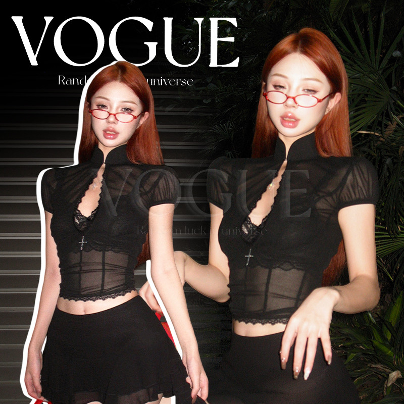 Vogue🌟พร้อมส่ง🌟 เสื้อยืดครอปแขนสั้น ดีเทลเว้าหลังอยู่ ผ้าซีทรู เหมาะกับสาวเซ็กซี่ (FY5072)