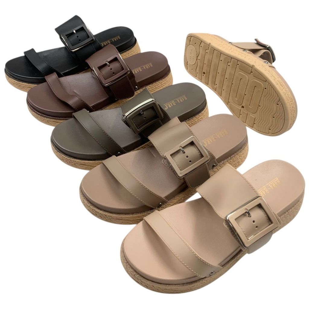 BARA BARA รองเท้าแตะส้นเตารีดหัวเข็มขัดยางผู้หญิงนําเข้า WS668-BRICBG (K3)