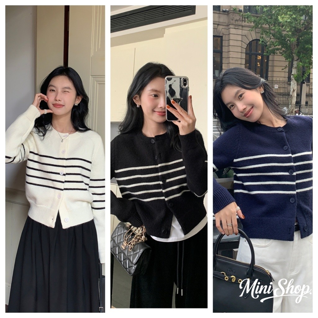 Mini shop🌸พร้อมส่ง🌸(N109)เสื้อไหมพรมแขนยาว กันหนาว ดีเทลลายทาง น่ารักๆ เรียบๆใส่คลุมได้สไตล์เกาหลี