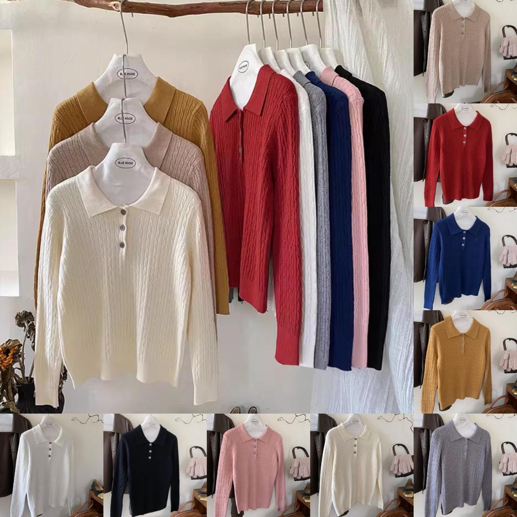 Chili Koko เสื้อโปโลถักผู้หญิง เสื้อสเวตเตอร์แขนยาว เสื้อชั้นในถักนิตติ้งสีพื้นอเนกประสงค์ทรงเข้ารูป 88044