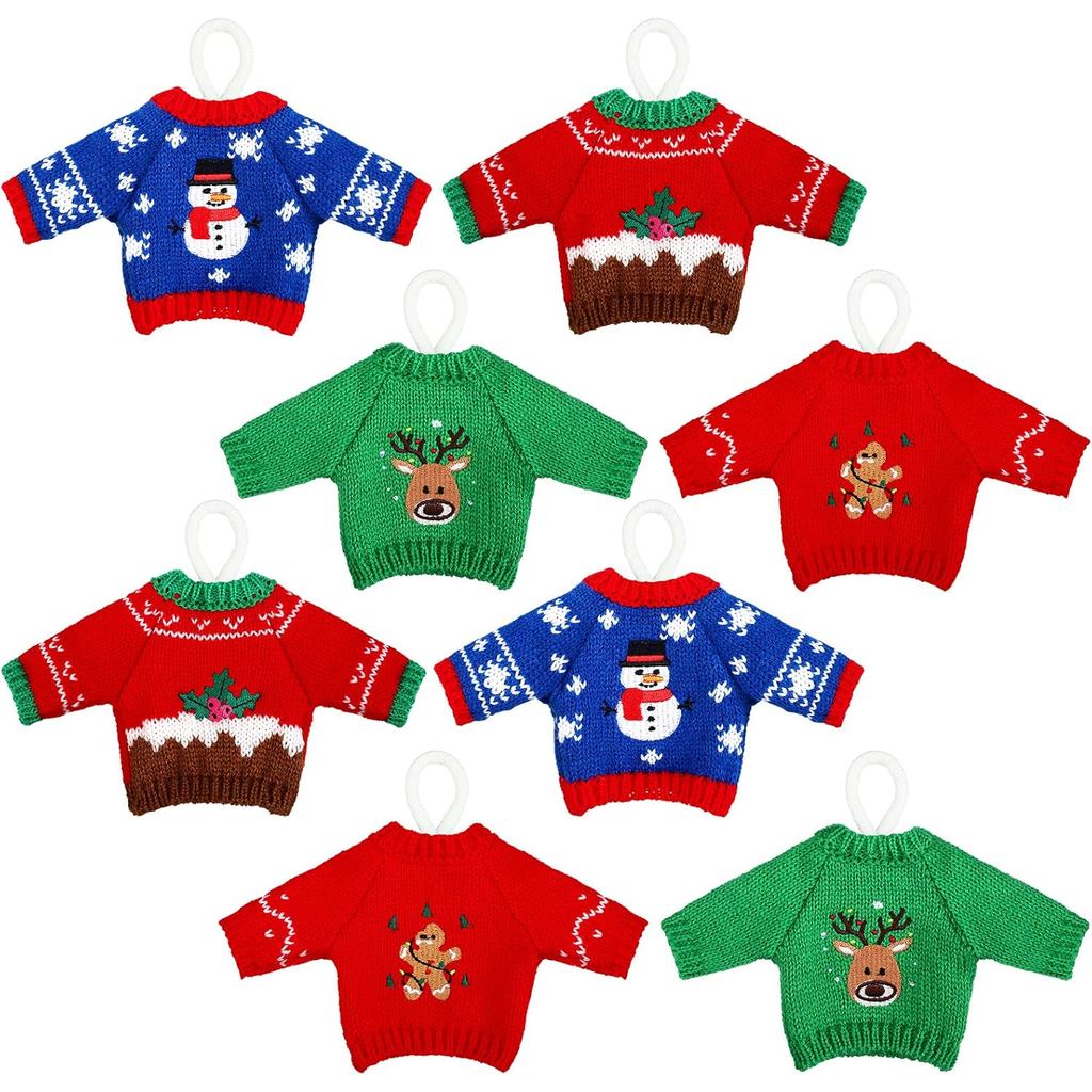 8 Pcs 3.93 Inches Christmas Knitting Ugly Sweater Ornament Crochet Sweater Hanging Ornament Red Gree