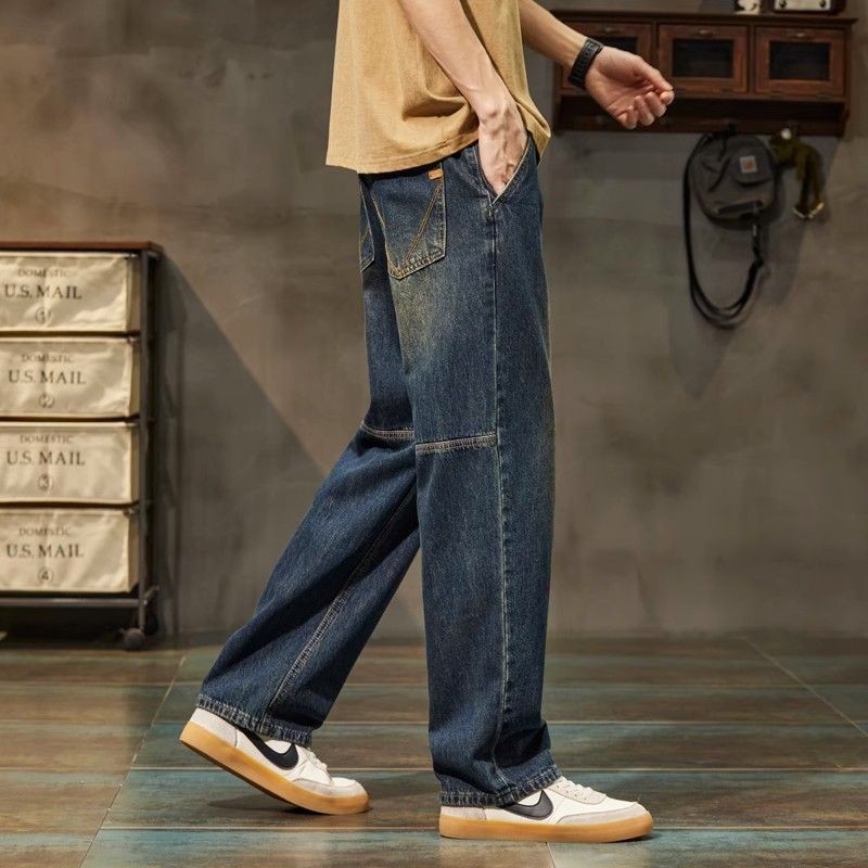 2025 ฤดูใบไม้ผลิ High Street Street สวมใส่ล้างกว้างขาตรงกางเกงลําลองอเมริกัน Retro กางเกงยีนส์ผู้ชาย