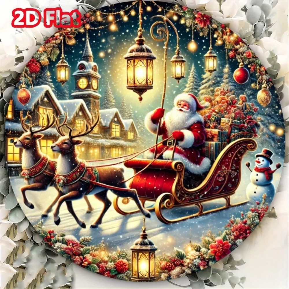2DBrand 2D Vintage Santa & Reindeer ป้ายเหล็กคริสต์มาส – ตกแต่งผนังงานรื่นเริงทรงกลม, ศิลปะวันหยุดแบ