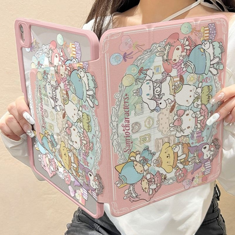 เคสไอแพด A16 Gen11 Air 7 M3 2025 Pro 11 2024 Air 6 5 4 10.9 Gen10 Gen9 Gen8 Gen7 10.2 กรณีการ์ตูน Sanrio พร้อมดินสอสล็อต 720° การหมุน