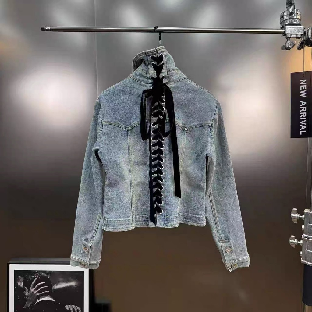 J3ZK 2025Early Autumn New Stand Collar Back Ribbon Woven Cross Design Slimming Versatile Denim Jacke