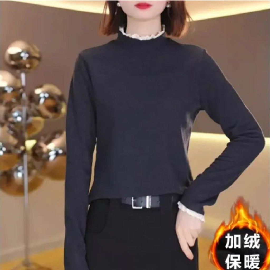 เลดี้กํามะหยี่อบอุ่นแขนยาว Bottoming เสื้อ Slimmer ดูครึ่งคอสูงแฟชั่นด้านในผู้หญิง FKM3