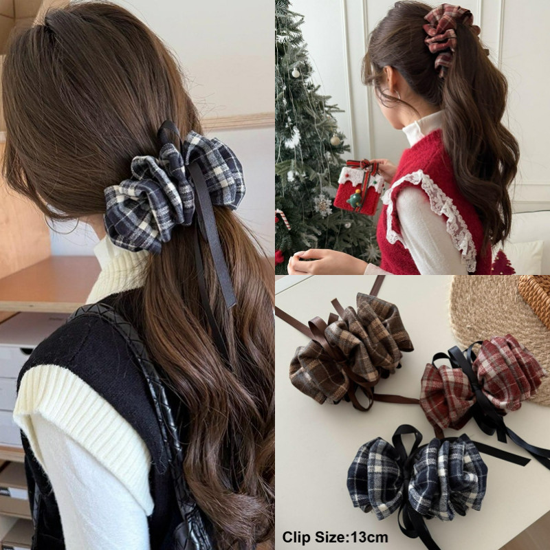 คลิปติดผมโบว์หลายชั้น สไตล์สก็อตร่วมสมัย กิ๊บสำหรับผม ponytail และเครื่องประดับผมของผู้หญิง