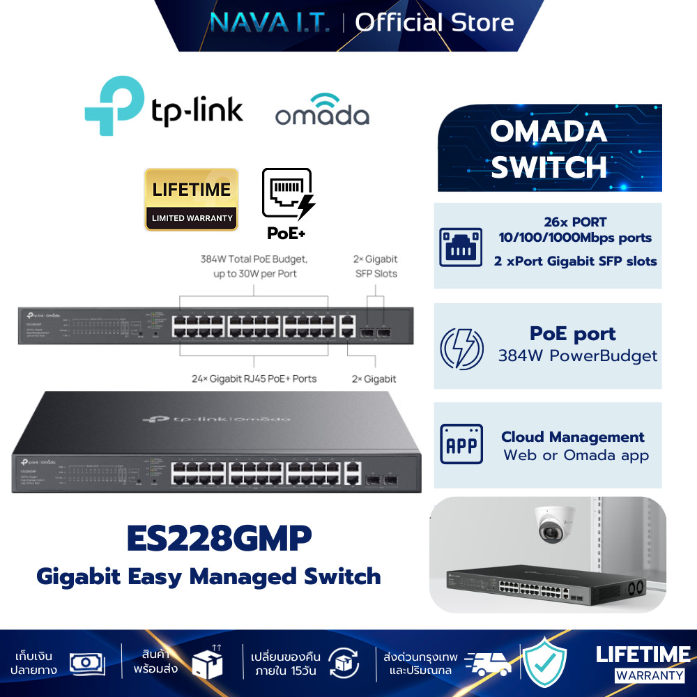 TP-LINK ES228GMP Managed Switch  Omada 28-Port Gigabit with 24-Port PoE+ รับประกันตลอดการใช้งาน
