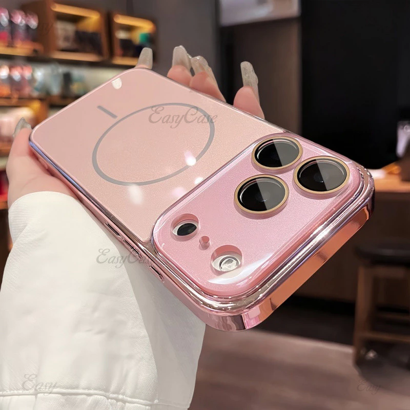ใหม่ ip17 กรณี Rose Gold กระจกนิรภัยเลนส์สําหรับ iPhone 13 14 15 16 17 Pro Max Air 16pro แม่เหล็ก 15pro เคสโทรศัพท์กันกระแทกเคสโทรศัพท์