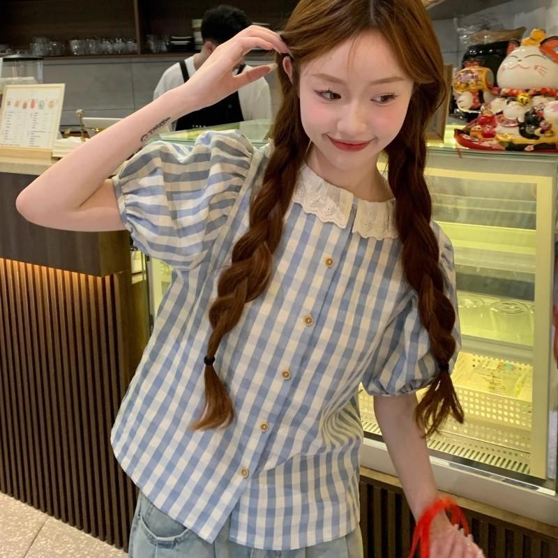 Red Berryเสื้อเบลาส์แขนพองลายสก็อตฤดูใบไม้ร่วงสำหรับผู้หญิ รูปที่ 5