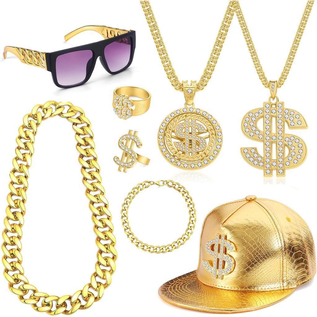 WAINIS 80s 90s Accessories Outfit for Men Hip Hop Costume Kit Old School Rapper Faux Dollar Sign Hal