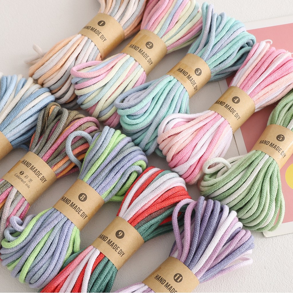 เชือกผ้าฝ้ายย้อมสีสำหรับงาน DIY ขนาด 4 มม., สีไล่ระดับ, ใช้งานได้หลากหลาย เช่น พวงกุญแจ และกระเป๋าเป้