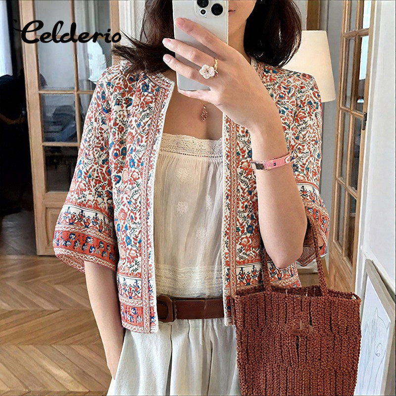 Celderio ผู้หญิง Retro ครึ่งแขนเสื้อลายพิมพ์ถักลูกเรือ สไตล์ STREETWEAR
