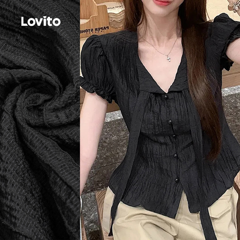Lovito เสื้อเชิ้ตคอผูกและกระดุมแบบลำลอง สำหรับสาวเท่ในฤดูใบไม้ผลิ/ฤดูร้อน สีดำ L154LD116