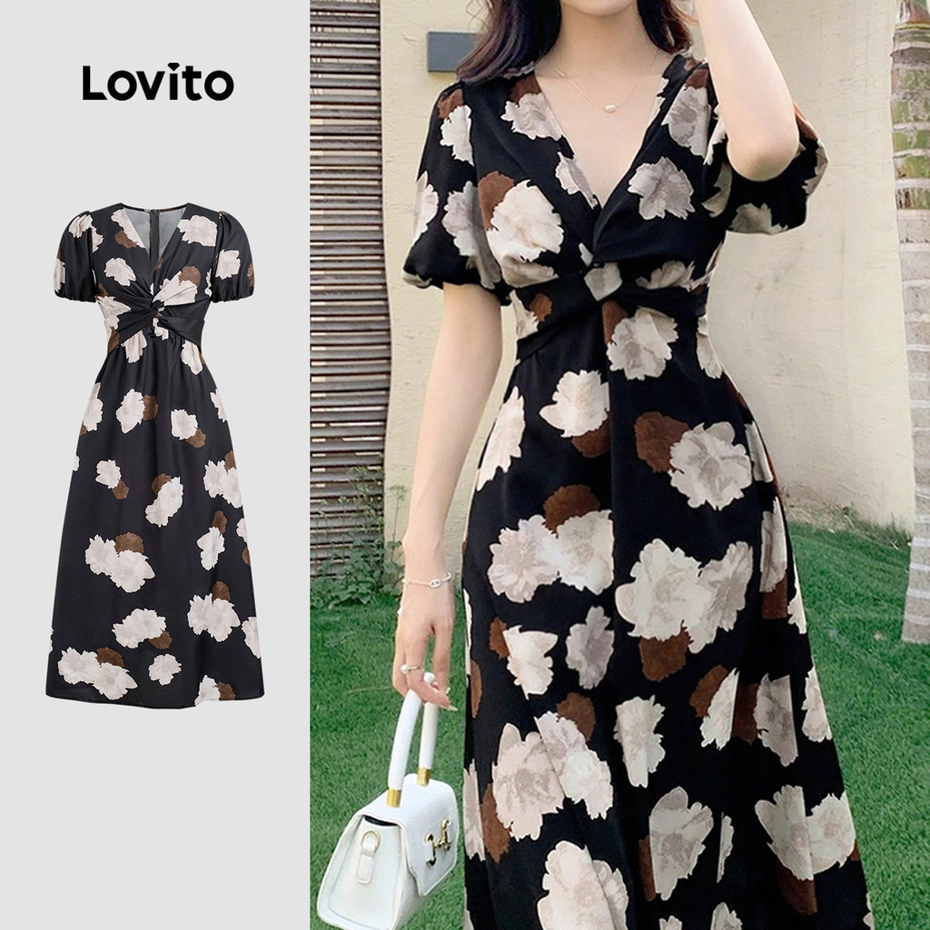 Lovito ชุดเดรสลำลองลายดอกไม้ผูกโบว์สีดำซิปฤดูใบไม้ผลิ/ฤดูร้อนสำหรับผู้หญิง L142LD581