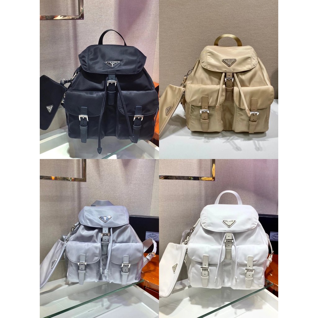 Prada กระเป๋าเป้ สไตล์วัยรุ่น ลายสามเหลี่ยมโลหะ ตัวล๊อกแบบฟลาบคลิป ทำจากหนังซาฟโฟเนียวัสดุพรีเมียม 1