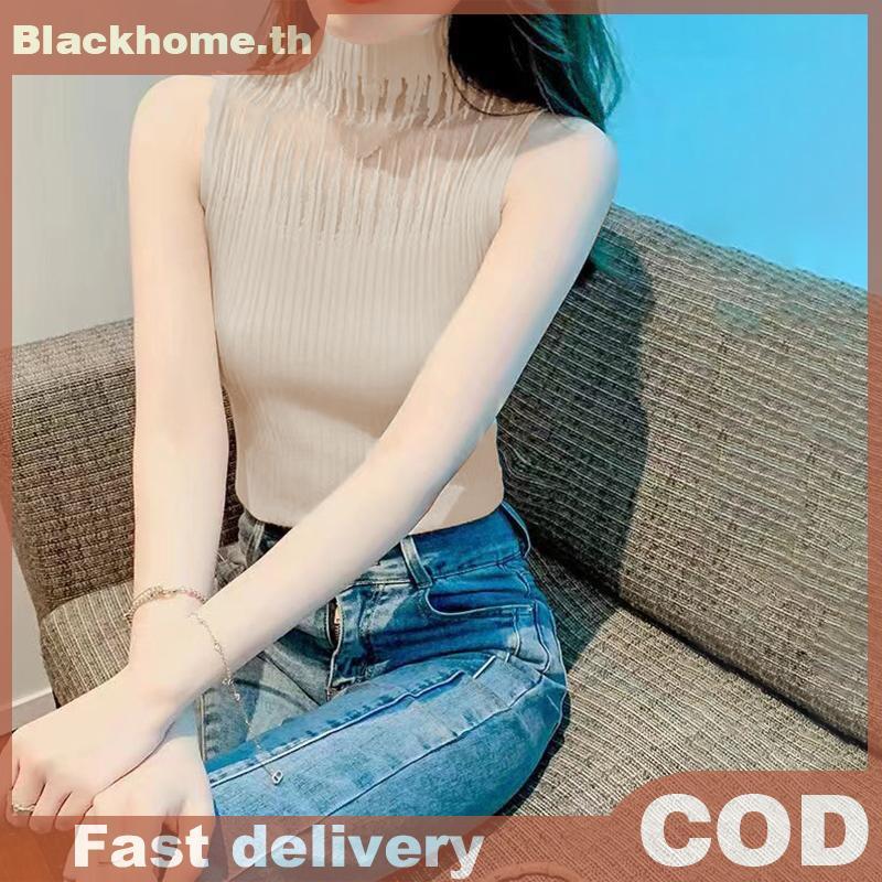 ACK ฤดูร้อนเกาหลีครึ่งคอเต่า Hollow ถักเสื้อกั๊กผู้หญิงสีทึบแขนกุด Slim Tank Top N - รูปที่ 5