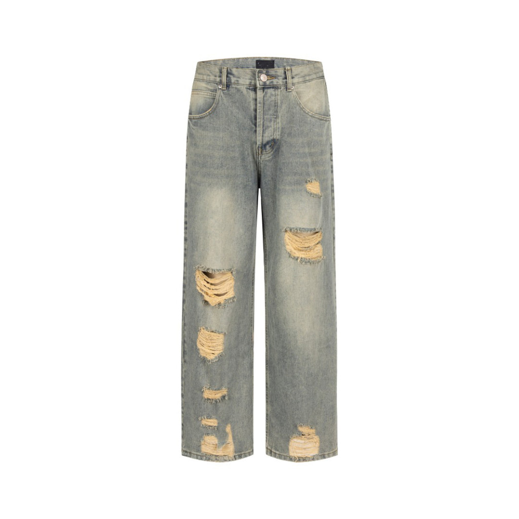 E1BW BLCG 2025SS Autumn and Winter New Letter Leather Brand Vintage Distressed Jeans