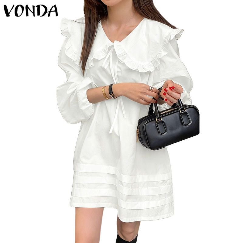 VONDA ชุดเดรส-mini a-line สำหรับผู้หญิงสไตล์เกาหลี ดูเหมือนตุ๊กตา คอปก ปุ่มผูกโบ แขนพอง เพิ่มความน่ารัก