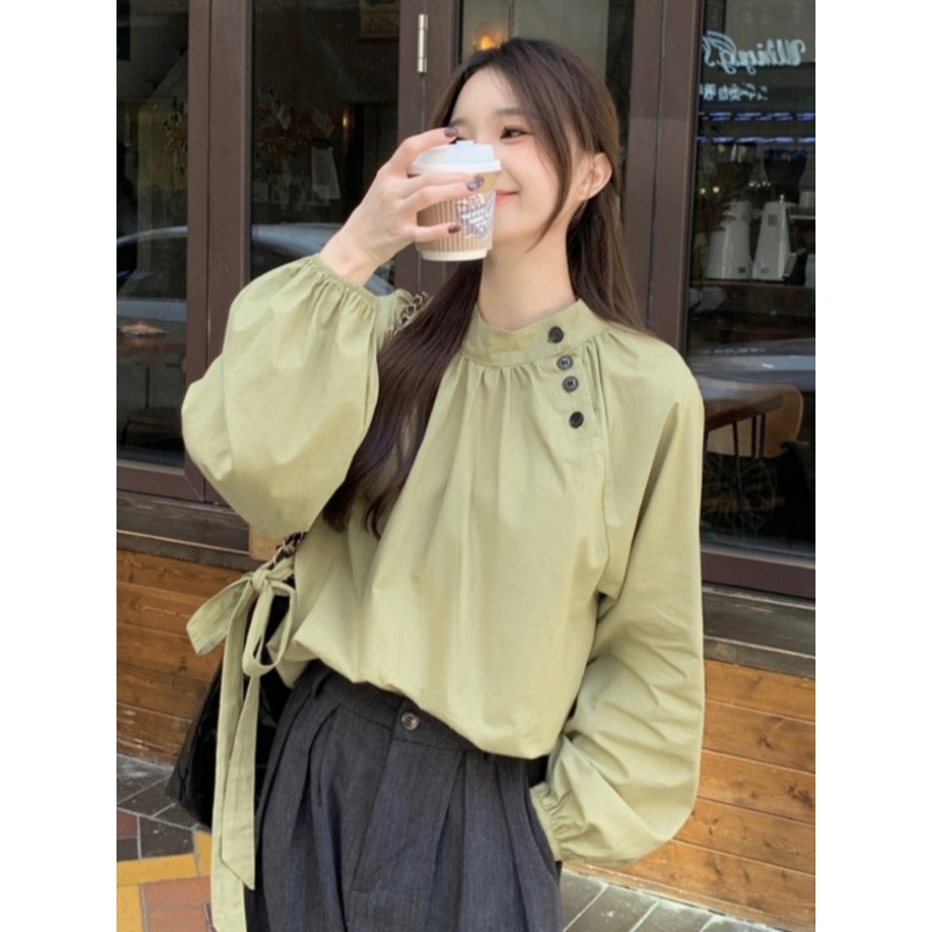 เสื้อเชิ้ตแขนยาวคอตั้ง กระดุมตั้งสไตล์ฝรั่งเศส ดีไซน์ผูก เหมาะสำหรับสวมใส่ในฤดูใบไม้ผลิและฤดูใบไม้ร่วง#99237
