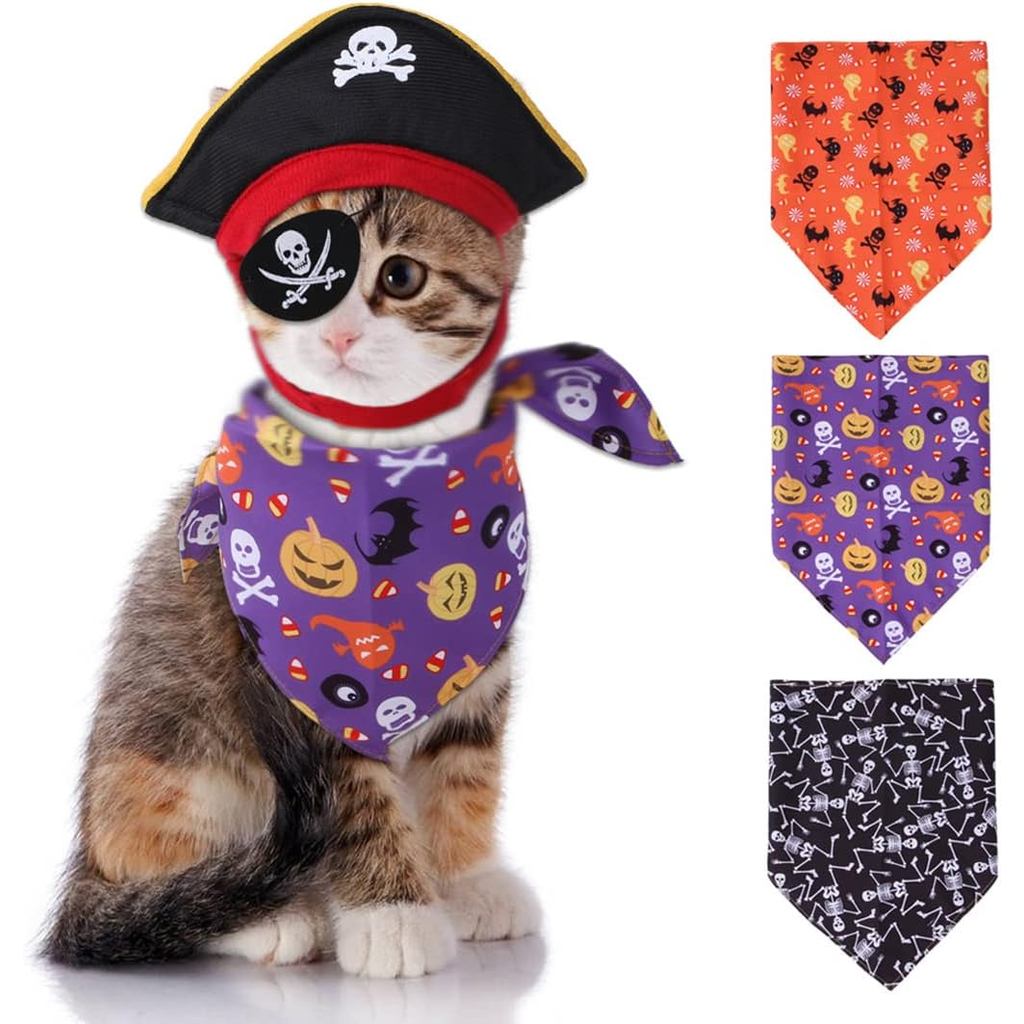 XIAOYU 3 Pieces Halloween Dog Pirate Costume Set Pet Pirate Hat Pirate Skull Triangle Bandana and Pi