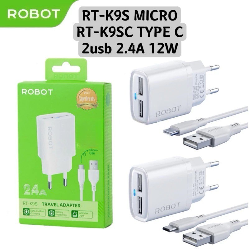 Charger ROBOT K9 K9S K9SC Dual Port USB-A 12W 2.4A LED Data Indicator Cable Carger Cas RT-K9S Origin