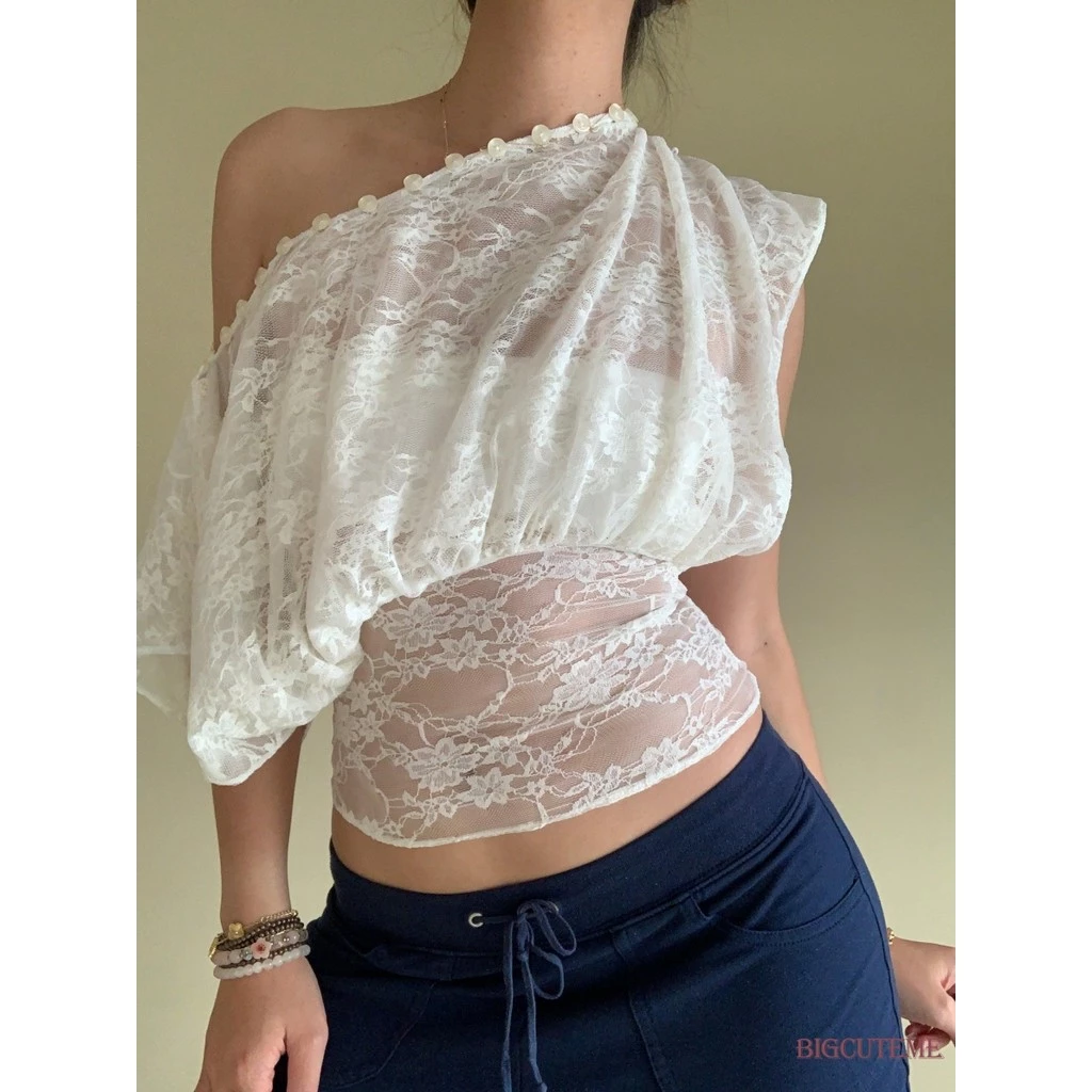 []-เสื้อครอปลูกไม้ลายดอกไม้สําหรับผู้หญิงปิดไหล่ซีทรูตาข่ายฤดูร้อนสีขาวระบายอากาศ