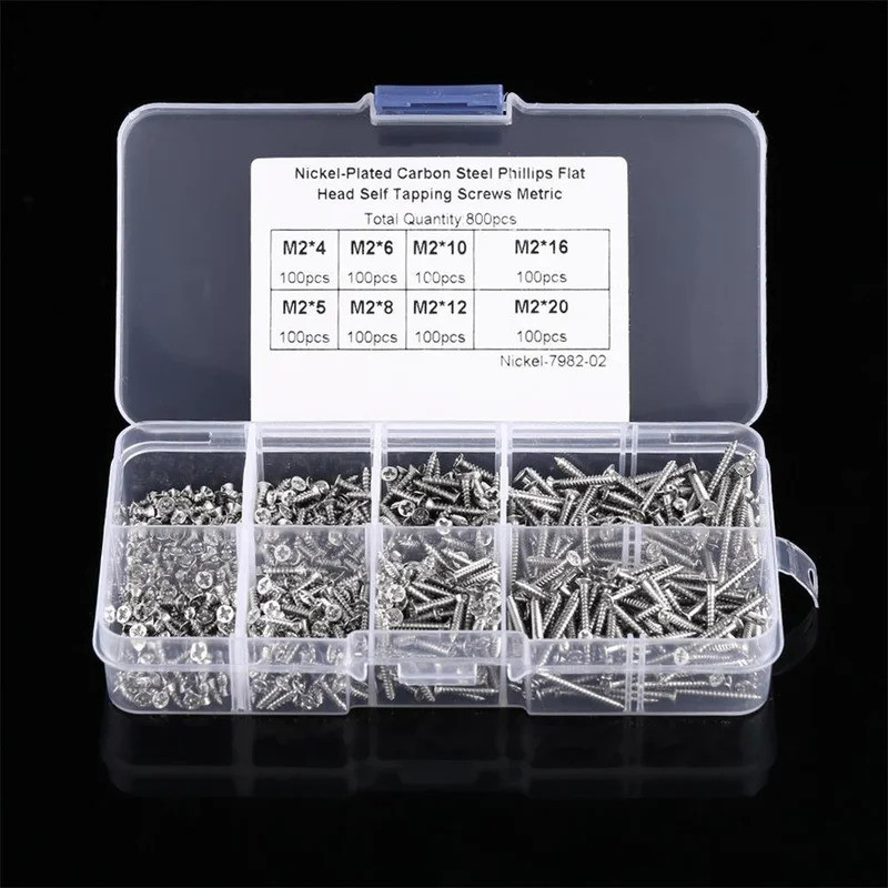 800Pcs M2 Cross Flat Head Screws, 4mm-20mm Plated Carbon Steel Flat Head Screws Self Tapping Screws 