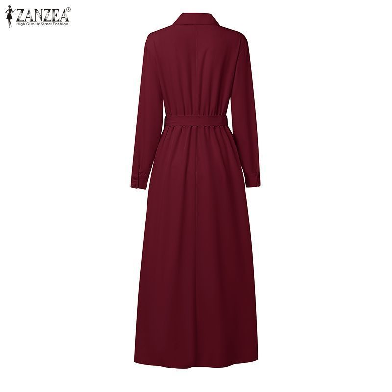 ZANZEA ชุดเดรส A-Line วินเทจสําหรับผู้หญิงปกแขนยาวผูกเชือกหรูหราขั้นสูง — صورة 8