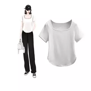 M-4XL เสื้อwhiteของแท้ เสื้อแขนสั้นผู้หญิง เสื้อลำลองคอกว้าง เสื้อแหวกเอวสุดเซ็กซี่ เสื้อผู้หญิงสีพื้น แมทช์ง่าย ผ้านุ่ม