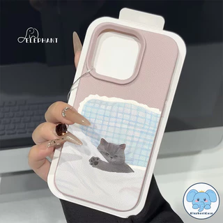 สำหรับ IPhone 13 17 Air 15 11 16 12 14 Pro Max XR X XS Max 7 15 16 8 Plus เคสหนังคู่รักลายแมวสีเทาน่ารักกำลังนอนหลับ