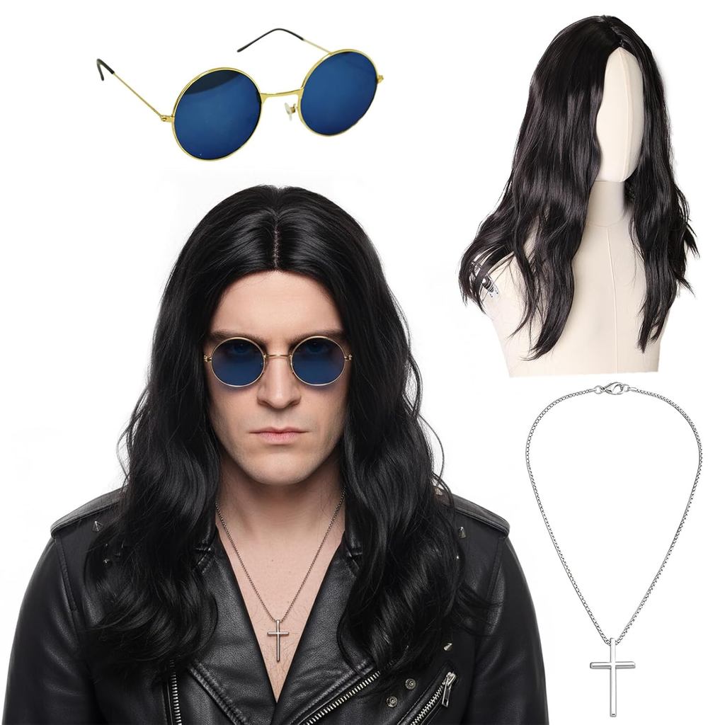 80s Rocker Costume Accessories Set for Men – Heavy Metal Rocker Costume with Natural Curly Long Hair