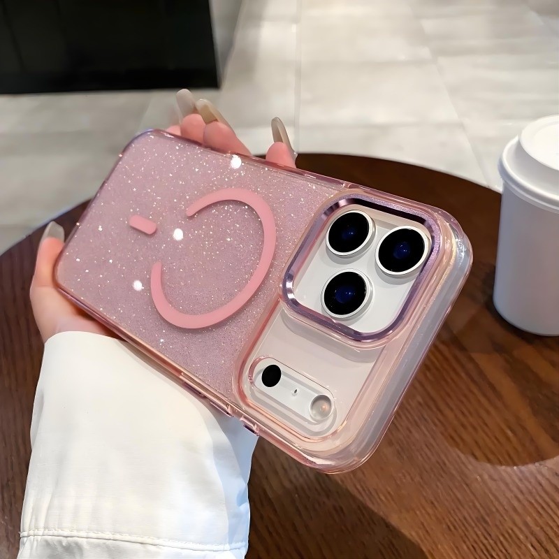 กลิตเตอร์/กึ่งโปร่งใส/acrylic hard case/สีชมพู เคส เข้ากันได้กับ iPhone 17 16 15 14 13 มือโปร สูงสุด กรณีกันกระแทกผิวป้องกันปลอก