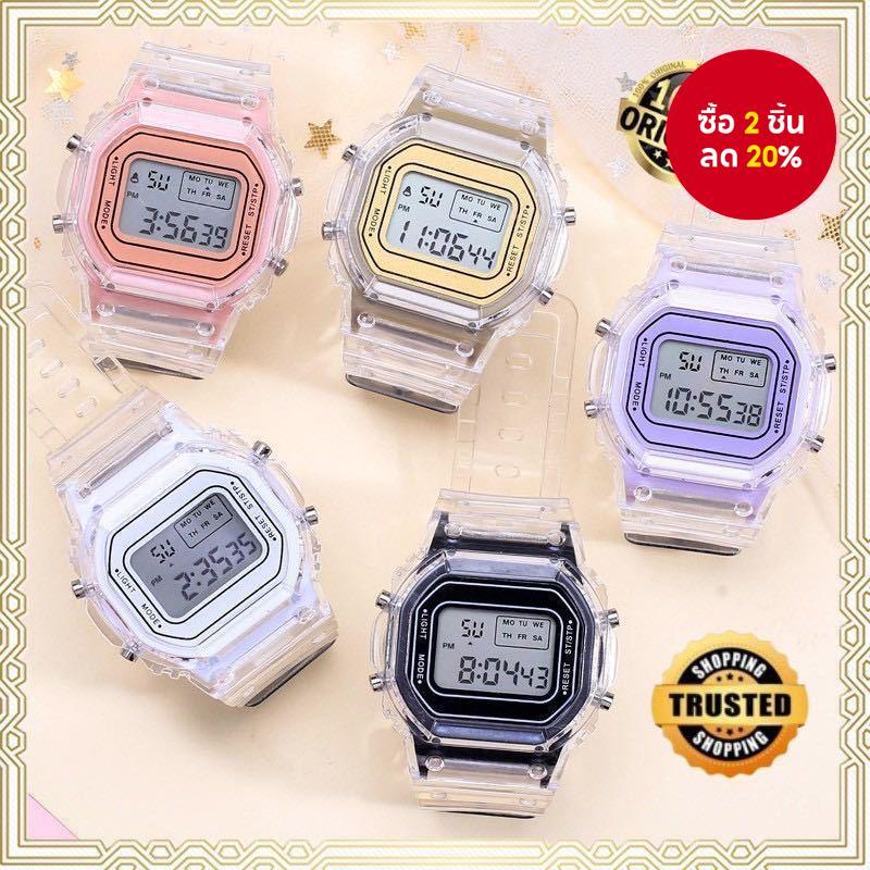 นาฬิกาสปอร์ตทรงสี่เหลี่ยมโปร่งใสอินเทรนด์อิเล็กทรอนิกส์ อิน สไตล์สําหรับนักเรียนหญิง
