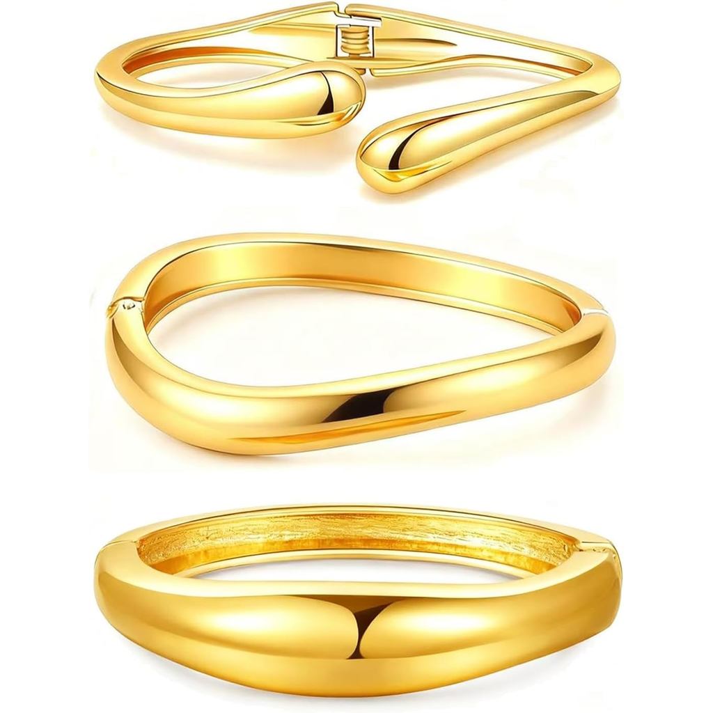 Chunky Gold Bangles for Women, 14k Gold Plated Twisted Hinged Stackable Bangle Bracelet Set, Trendy 