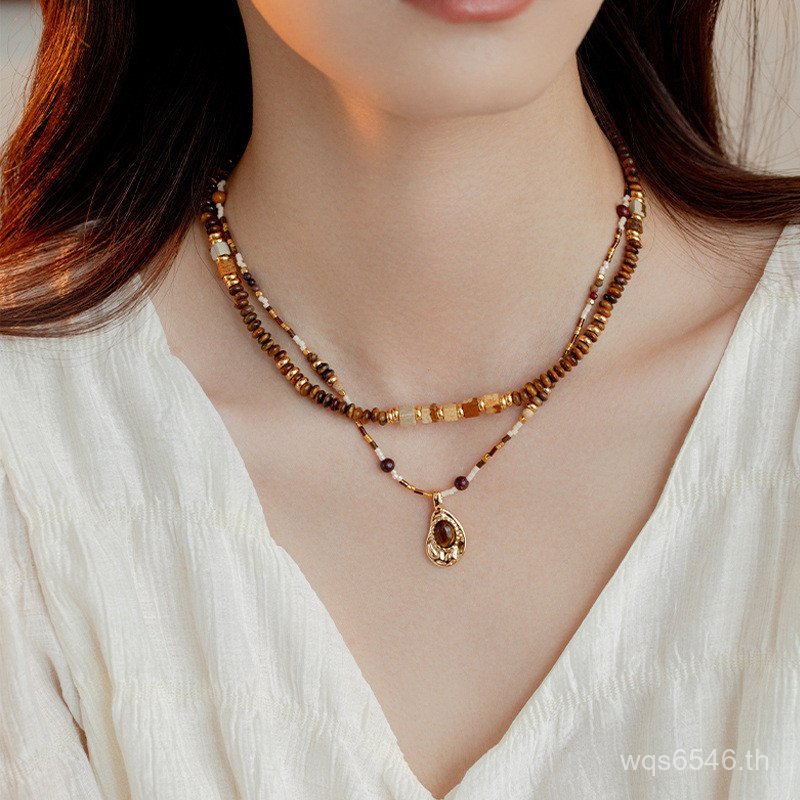 Niche หรูหรา High-End Tiger Eye ซ้อนเครื่องประดับธรรมชาติสร้อยคอผู้หญิงลูกปัดจี้สร้อยคอเสื้อกันหนาวฤ